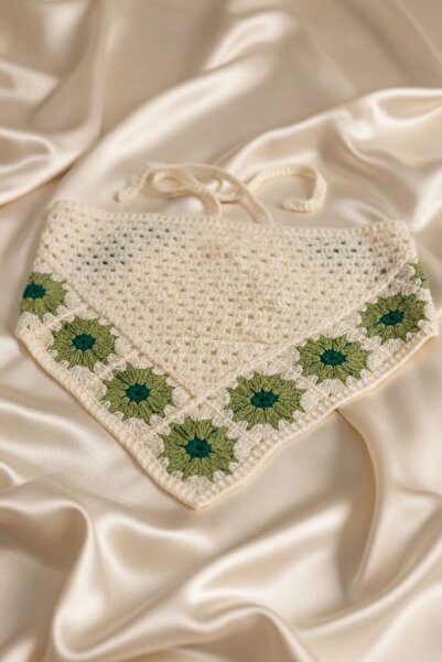 BHR AKSESUAR Green Floral Motif Tie-Up Bandana, Knitted Summer Hair Bandana f...