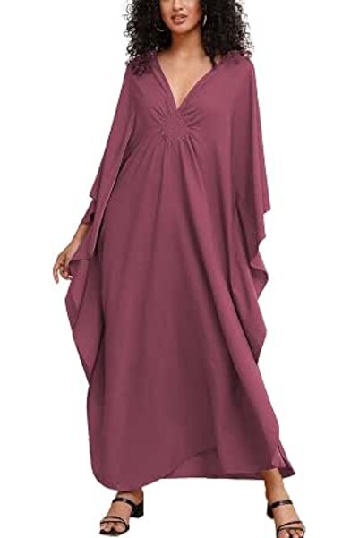 YouKD Women's Solid Color Bohemian Kaftan Dress Beach Cover Ups Plus Size Bat...