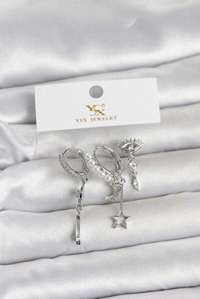 SORA GROUP Brass Silver Color Zircon Stone Night Theme 3-Piece Women's Earrings