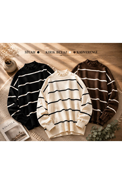 DepoExport Women's 3-Piece Striped Knitwear Sweater Oversize Loose Design