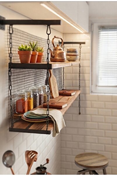 hiraca Bistro Metal Ahşap Duvar Rafı Retro Mutfak Salon Ofis Banyo Raf Kitapl...