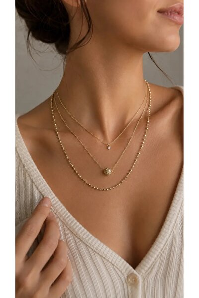 NUUN STORE 14k Gold Kristal Taşlı Topçuk Uçlu Lazer Kesim Topçuklu Üçlü Luxur...