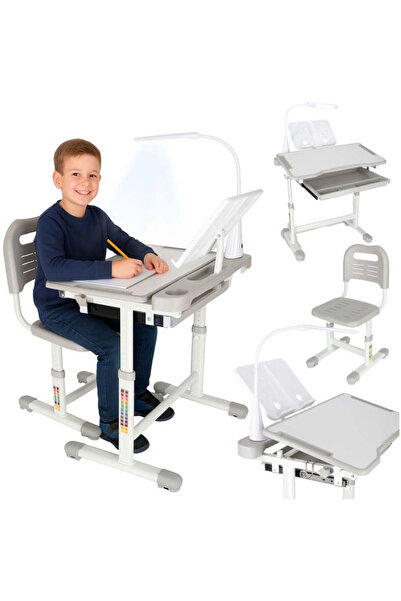 Ikonka Set birou reglabil pentru copii cu scaun ergonomic, lampă LED USB, bla...