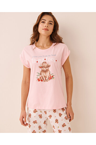 La Vie en Rose Highland Cow Print Cotton Short Sleeve T-shirt