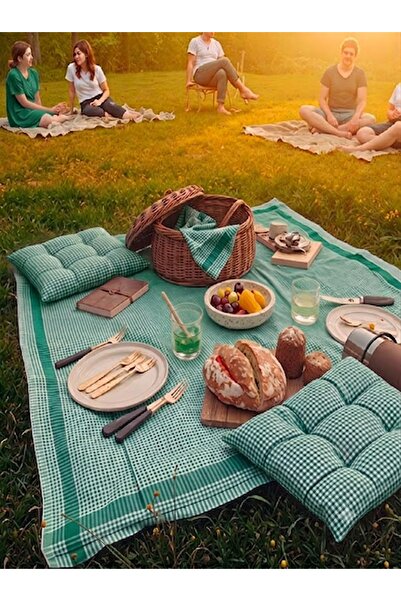 SUNDOKU HOME Kare Desenli Piknik Seti 2 Adet 40x40 cm Minder + 170X170 cm Pik...