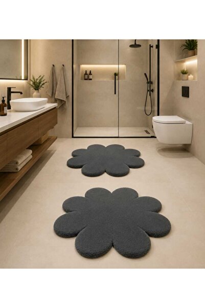 2'li Banyo Halısı Kaymaz Taban Peluş Halı Klozet Takımı 60x60(papatya) Ve 80x80(papatya)