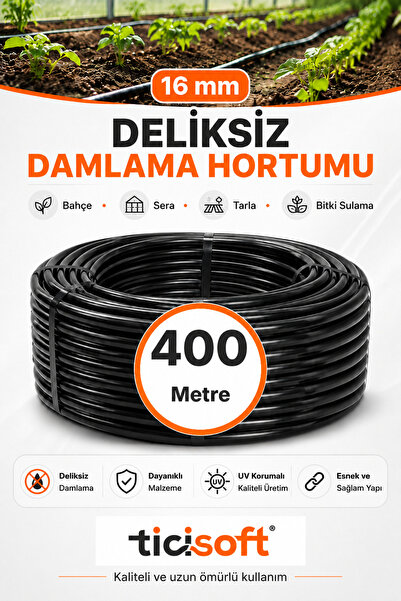 Ticisoft 400 Metre 16 mm Deliksiz Damlama Sulama Hortumu Bahçe Sera Tarla Bit...