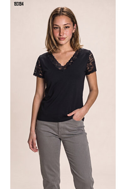 moda wanilia New Season Women's Short Sleeve V-Neck Lace Viscose Blouse