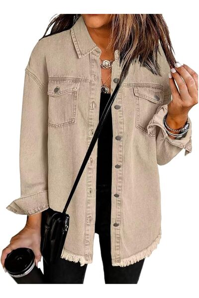 GENERAL Denim Jacket for Women Oversized Boyfriend Jean Jacket Button Up Fray...