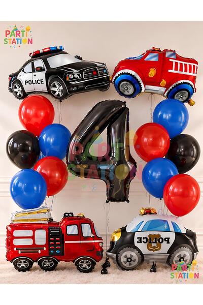 Parti Station Police & Fire Truck Balloon Set 4 Years Old - 15 Piece Police &...
