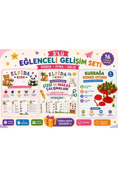 Elfida Kids 3'lü Okul Öncesi Eğitici Etkinlik Seti / Sayılar, Çizgi-Makas ve Eşleme Etkinlikleri