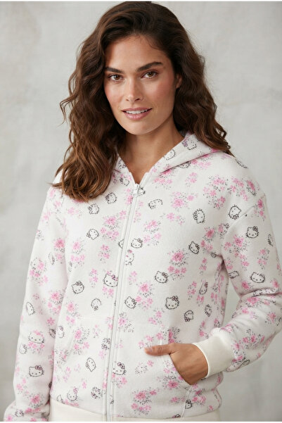 Hello K. Baskılı Kapşonlu Beyaz Sweatshirt