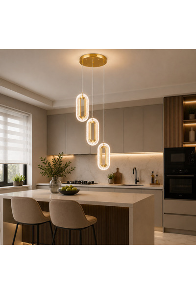 kra avize Liora 3'lü Gold 3 Renk LED Sarkıt Avize Modern Kristal Görünümlü De...