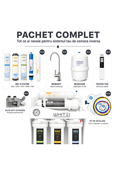 SPECTRUM WATER Sistem osmoză inversă premium WHITE Series, 5 stadii, 75 GPD, fără pompă, cu rezervor, baterie și tester calitatea apei