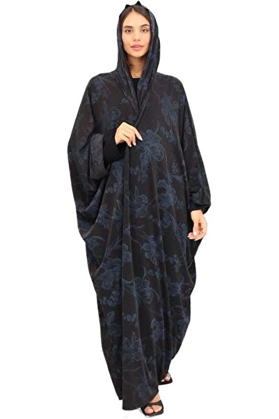 Generic Abaya Tasneem - Elegant Black & Navy Three-Piece Set with Floral Embr...