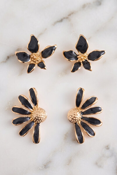 AURRARİ Black Pearlescent 2-Piece Flower Earrings