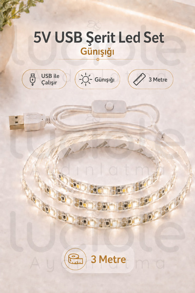 luciole 3 Metre 5V USB Günışığı Şerit LED Anahtarlı Mutfak Tezgah Altı TV Mas...