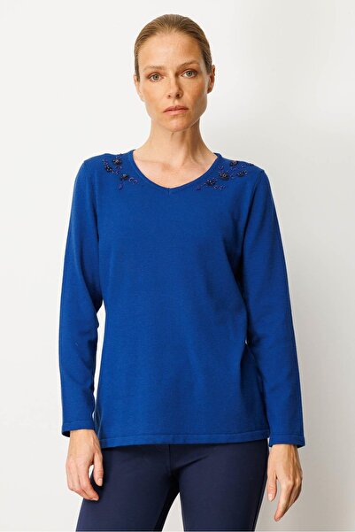 Desen Triko Women's V-Neck Shoulder Beaded Embroidered Sweater 25090 - Saks