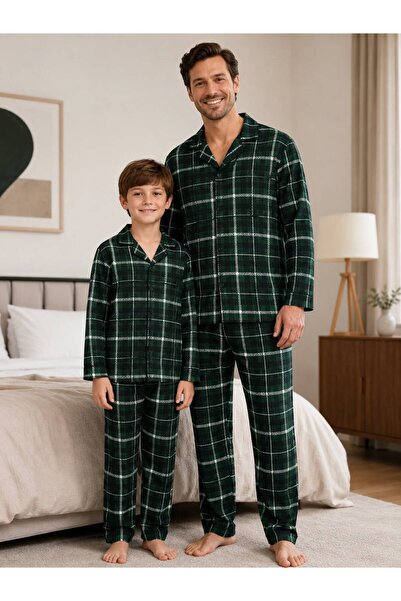 Fil Kids Father-Son Boy Green Plaid Pattern Winter Shirt Collar Buttoned Slee...