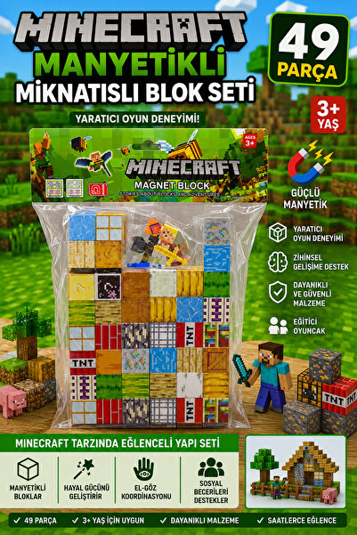 TÜTSÜ SEPETİ Manyetik Mıknatıslı Blok Seti 49 Parça Minecraft Tarzı Yapı Seti...