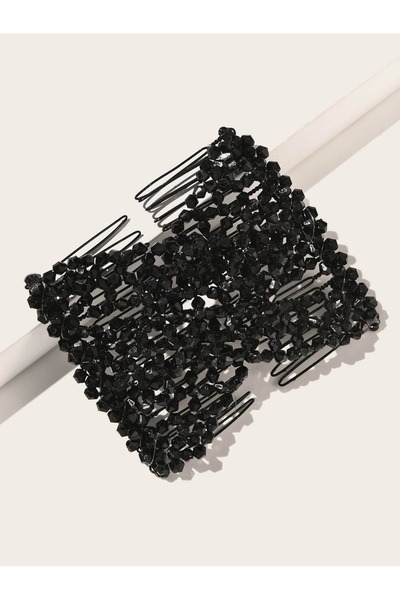OEM 1 pieptene de păr elastic cu două rânduri, negru, cu mărgele și strasuri