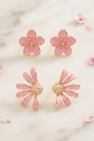 AURRARİ Pink 2-Piece Daisy and Sakura Flower Earring Set