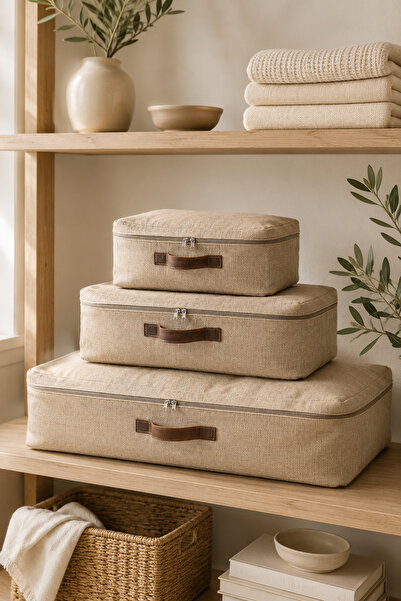 Dathcha Beige Jute Storage Bag S + m + L Set of 3 Foldable Fabric Storage Bag...