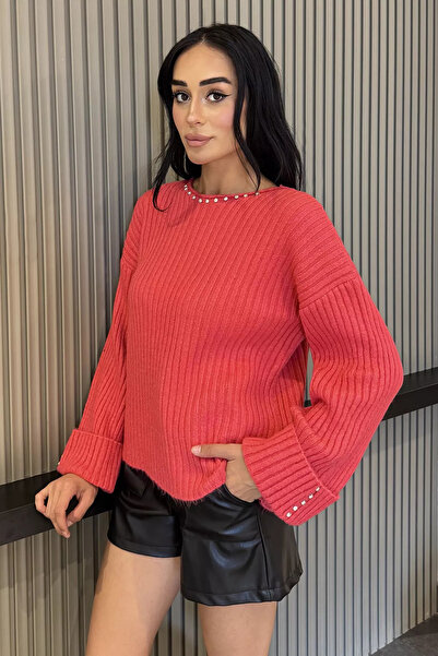 Aryena Fuchsia Women's Stone Embroidered Self-Patterned Knitwear Sweater