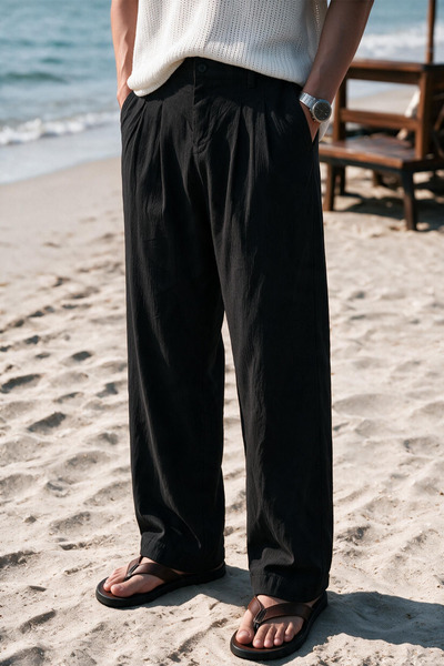 MENOFOURSWEAR Siena Men's Premium Double Pleated Detailed Linen Baggy Trousers