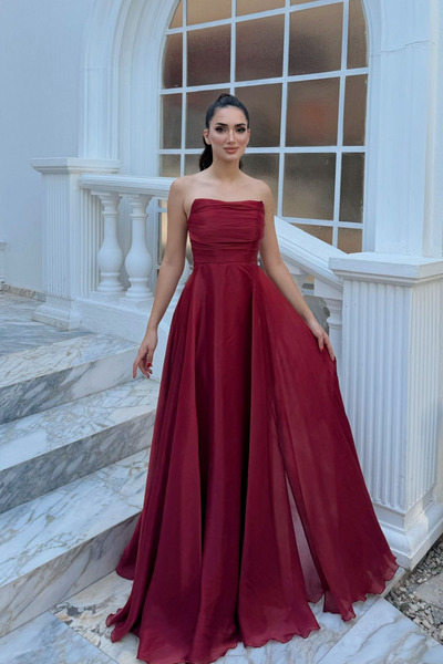 Sindimoda Straplez Degaje Yaka Şifon Abiye 1210