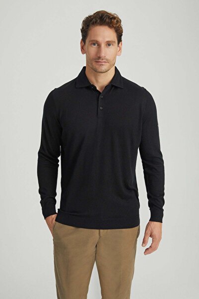 Silk and Cashmere Siyah İpek Kaşmir Utku Uzun Kollu Erkek Polo