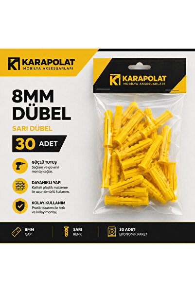 KARAPOLAT 8mm Sarı Dübel 30 Adet – Plastik Duvar Dübeli, Çelik Vida Uyumlu Mo...