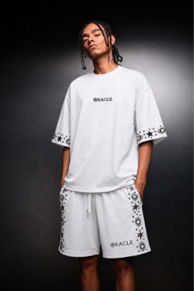Slatra Men's White Oracle Embroidered Above-Knee Shorts