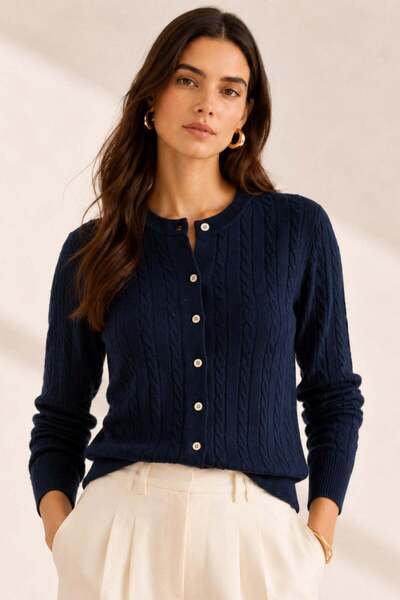Ferraro Navy Blue Cotton Blend Seasonal Women's Knitwear Cardigan