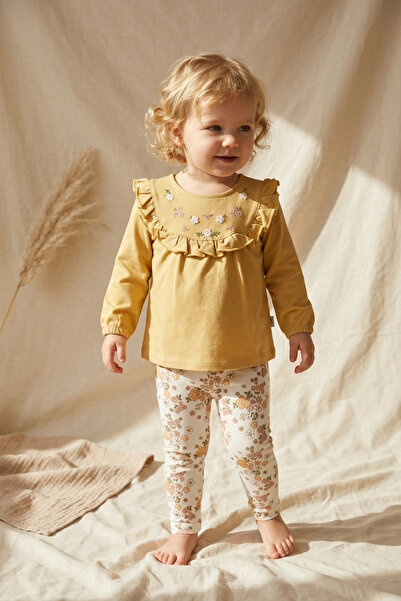 Babydonat Amber Flora Embroidered Ruffle Collar Mustard Baby Set - 100% Cotto...