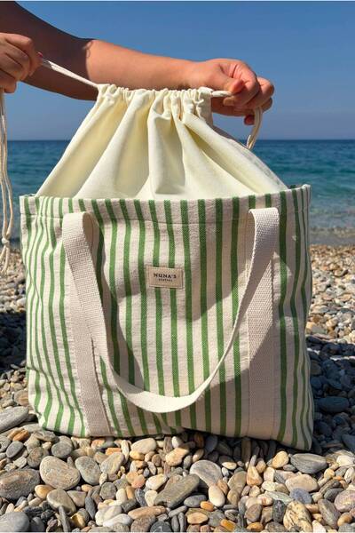 NUNA'S Atelier Defne |   Striped & Drawstring Beach and Pool Bag |   Large Volume Shoulder Bag (50X40 cm)