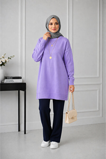 KAREL BUTİK Lilac Crew Neck Oversize Women's Sweater Tunic
