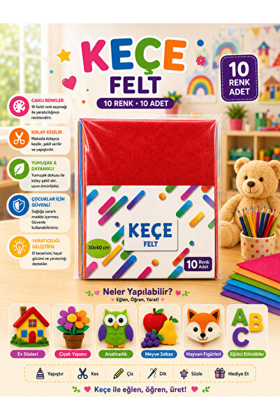 10 Renk 10 Adet Keçe Seti 30x40 cm – Renkli Hobi Keçesi, El İşi ve Sanat Malzemesi, Çocuk Etkinlikleri, Okul Öncesi Eğitici Aktivite ve Dekorasyon Seti