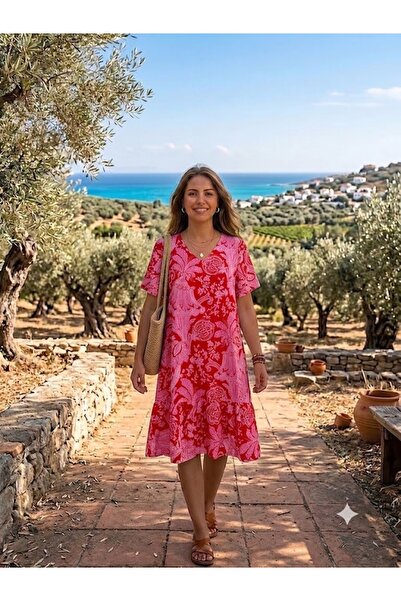 AYASOFYA OTANTIK Women's V-Neck Patterned Half Sleeve Dress with Pockets