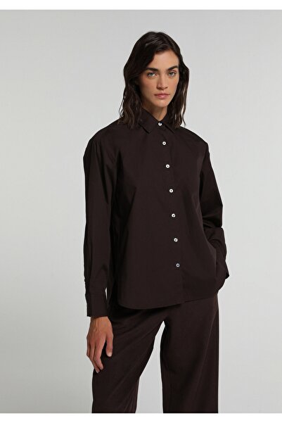 Colin's Boyfriend Fit Shirt Neck Plain Women's Brown Long Sleeve Shirt