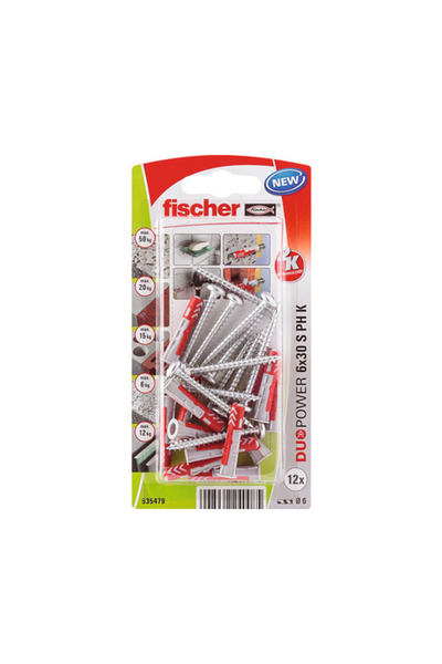OEM Пластмасови дюбели Fischer DuoPower 6x30 мм, с изпъкнала глава, опаковка ...