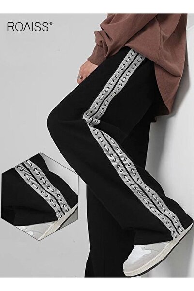 ROAISS Sweatpants for Men and Women Straight Leg Pants Side Ribbon Knit Strai...