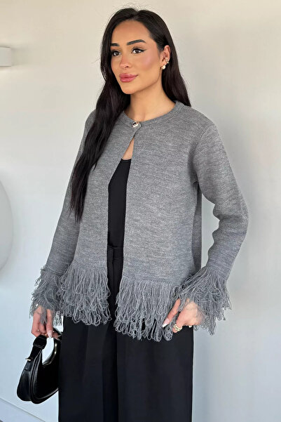 Aryena Anthracite Women's Tasseled Knitwear Cardigan