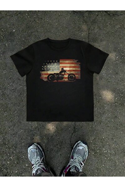 23ERVA 1Pcs American Flag Motorcycle Print T Shirt Vintage Biker 100% Cotton ...