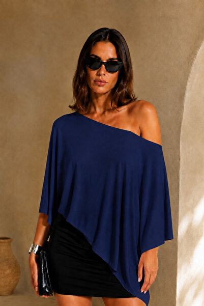 COMBİNE MİCHAİL Women's One-Shoulder Indigo Asymmetrical Draped Blouse