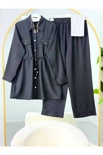 EC MODA Lace-Up Linen Trouser Suit with Stone-Embellished Cap