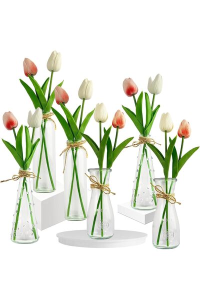 OtherMax Set de 6 Vaze de Sticlă cu 12 Lalele Artificiale, Cadou — set vase s...