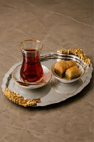 LOVELLO Duru 6-Piece Stainless Steel Oval Gold Handled Coffee Presentation Tr...