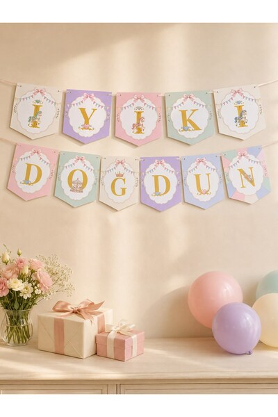 Parti Adresi Atlı Karınca Temalı İyi Ki Doğdun Banner – Pastel Temalı Doğum G...