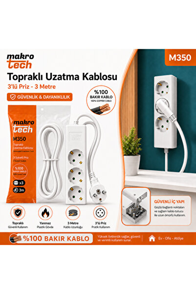 makro tech 3'lü 3 Metre BAKIR Kablolu Topraklı Grup Priz